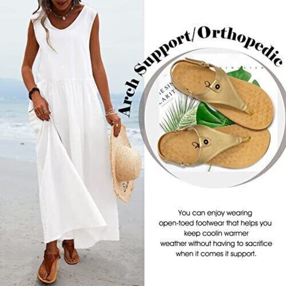 Athlefit Women's Comfortable Orthopedic Sandals Thong Dressy T-Strap SIZE 9 GOLD - Picture 13 of 15